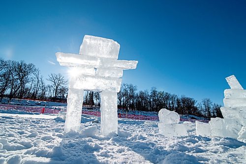 MIKE SUDOMA / WINNIPEG FREE PRESS
A ice sculptured carved into the shape of an inukshuk stands tall amongst the snow and ice on the Assiniboine River trail. 
January 24, 2021
