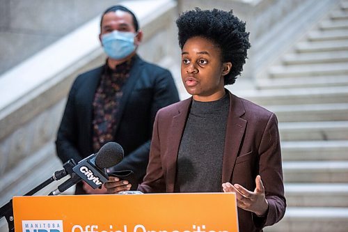 MIKAELA MACKENZIE / WINNIPEG FREE PRESS

Health critic Uzoma Asagwara speaks to the media at the Manitoba Legislative Building in Winnipeg on Monday, Jan. 25, 2021. For Larry story.

Winnipeg Free Press 2021