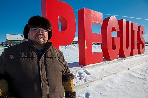 MIKE DEAL / WINNIPEG FREE PRESS
Chief Glen Hudson beside the large Peguis sign that sits at the heart of the community outside the health centre and the shopping centre.
210127 - Wednesday, January 27, 2021.