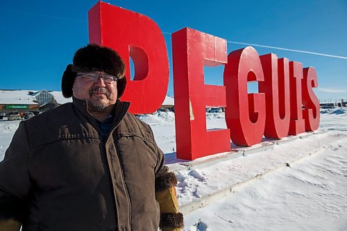 MIKE DEAL / WINNIPEG FREE PRESS
Chief Glen Hudson beside the large Peguis sign that sits at the heart of the community outside the health centre and the shopping centre.
210127 - Wednesday, January 27, 2021.