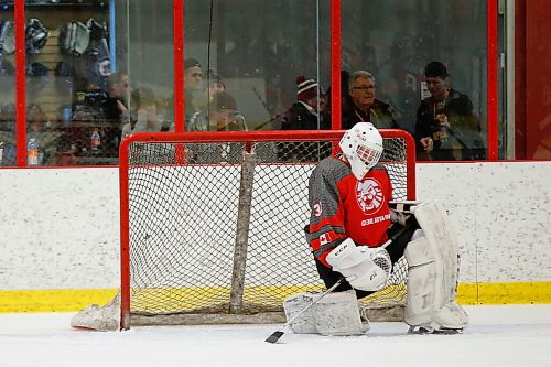 JOHN WOODS / WINNIPEG FREE PRESS
College Beliveau Barracudas (white) defeat the Glenlawn Lions (red) in the Winnipeg High School Hockey League B Division at Seven Oaks Arena  in Winnipeg Thursday, March 12, 2020. 

Reporter: For a COVID-19 feature by Sawatsky - other game photos in Merlin from game day