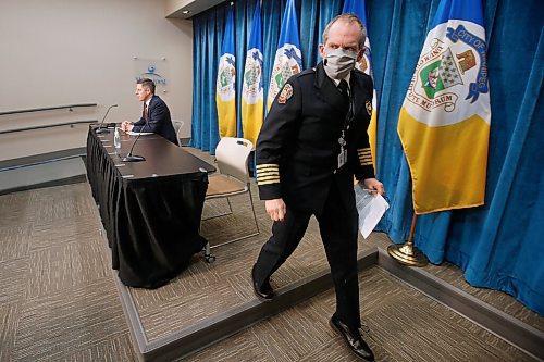 JOHN WOODS / WINNIPEG FREE PRESS
Chief John Lane, Winnipeg Fire and Paramedic Service (WFPS) leaves after speaking to media to address reports of racism within the WFPS in Winnipeg Wednesday, February 3, 2021. 

Reporter: ?