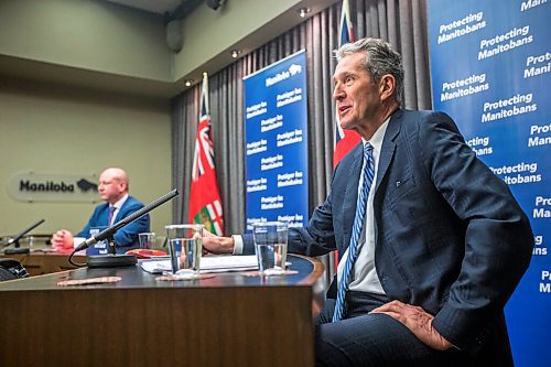 MIKAELA MACKENZIE / WINNIPEG FREE PRESS

Premier Brian Pallister (front) and Brent Roussin, chief provincial public health officer, speak to the media about possible COVID-19 measure loosening at the Manitoba Legislative Building in Winnipeg on Thursday, Feb. 4, 2021. For Larry Kusch story.

Winnipeg Free Press 2021