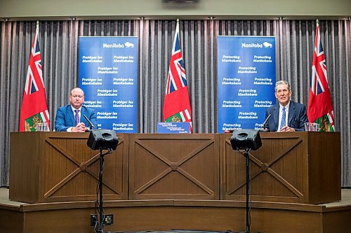 MIKAELA MACKENZIE / WINNIPEG FREE PRESS

Brent Roussin, chief provincial public health officer (left), and premier Brian Pallister speak to the media about possible COVID-19 measure loosening at the Manitoba Legislative Building in Winnipeg on Thursday, Feb. 4, 2021. For Larry Kusch story.

Winnipeg Free Press 2021