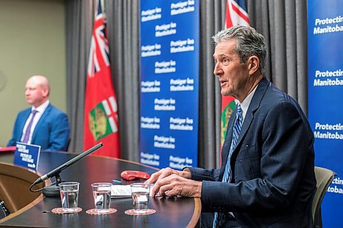 MIKAELA MACKENZIE / WINNIPEG FREE PRESS

Premier Brian Pallister (front) and Brent Roussin, chief provincial public health officer, speak to the media about possible COVID-19 measure loosening at the Manitoba Legislative Building in Winnipeg on Thursday, Feb. 4, 2021. For Larry Kusch story.

Winnipeg Free Press 2021