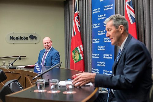 MIKAELA MACKENZIE / WINNIPEG FREE PRESS

Brent Roussin, chief provincial public health officer (left), and premier Brian Pallister speak to the media about possible COVID-19 measure loosening at the Manitoba Legislative Building in Winnipeg on Thursday, Feb. 4, 2021. For Larry Kusch story.

Winnipeg Free Press 2021