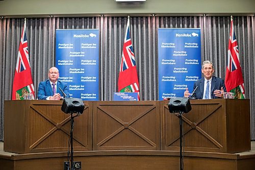 MIKAELA MACKENZIE / WINNIPEG FREE PRESS

Brent Roussin, chief provincial public health officer (left), and premier Brian Pallister speak to the media about possible COVID-19 measure loosening at the Manitoba Legislative Building in Winnipeg on Thursday, Feb. 4, 2021. For Larry Kusch story.

Winnipeg Free Press 2021