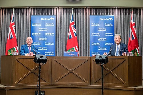 MIKAELA MACKENZIE / WINNIPEG FREE PRESS

Brent Roussin, chief provincial public health officer (left), and premier Brian Pallister speak to the media about possible COVID-19 measure loosening at the Manitoba Legislative Building in Winnipeg on Thursday, Feb. 4, 2021. For Larry Kusch story.

Winnipeg Free Press 2021