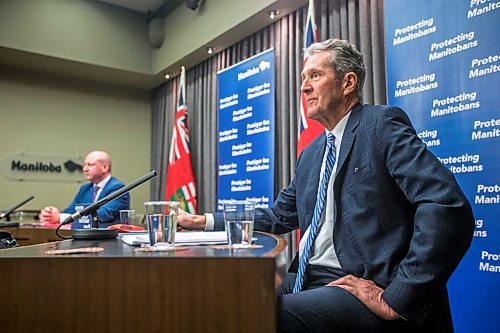 MIKAELA MACKENZIE / WINNIPEG FREE PRESS

Premier Brian Pallister (front) and Brent Roussin, chief provincial public health officer, speak to the media about possible COVID-19 measure loosening at the Manitoba Legislative Building in Winnipeg on Thursday, Feb. 4, 2021. For Larry Kusch story.

Winnipeg Free Press 2021