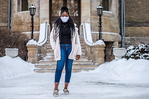 MIKAELA MACKENZIE / WINNIPEG FREE PRESS

Oluwadamilola (Dami) Ojo, whos started a group called Melan Unify for Black youth to connect with resources for professional development, poses for a portrait in front of St. Mary's Academy in Winnipeg on Friday, Feb. 5, 2021. For JS story.

Winnipeg Free Press 2021