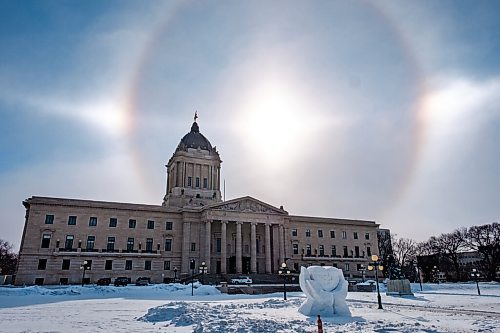 Daniel Crump / Winnipeg Free Press. A sundog frames the golden boy atop the Manitoba Legislature Saturday afternoon. Temperatures across Manitoba are well below zero as the province is gripped by a polar vortex. February 6, 2021.