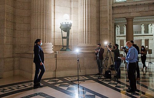 MIKE DEAL / WINNIPEG FREE PRESS
Opposition leader Wab Kinew talks to the media Monday afternoon.
See Larry Kusch story
210208 - Monday, February 08, 2021.