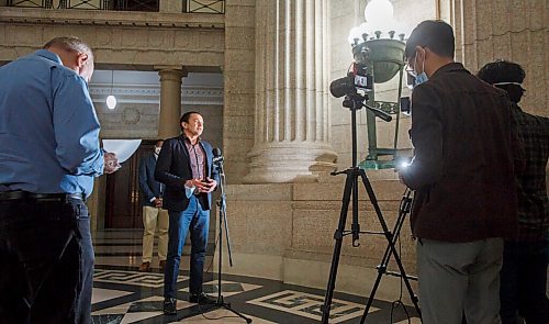 MIKE DEAL / WINNIPEG FREE PRESS
Opposition leader Wab Kinew talks to the media Monday afternoon.
See Larry Kusch story
210208 - Monday, February 08, 2021.