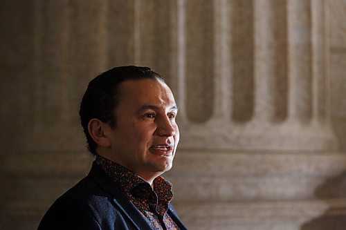 MIKE DEAL / WINNIPEG FREE PRESS
Opposition leader Wab Kinew talks to the media Monday afternoon.
See Larry Kusch story
210208 - Monday, February 08, 2021.