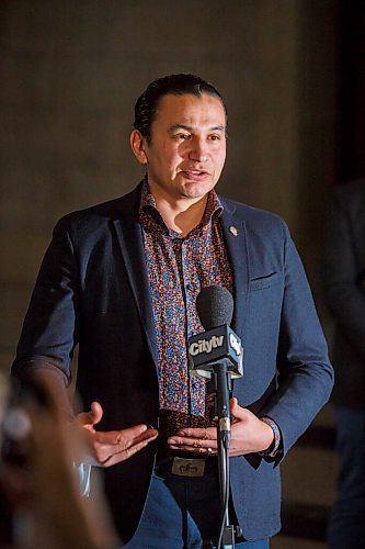 MIKE DEAL / WINNIPEG FREE PRESS
Opposition leader Wab Kinew talks to the media Monday afternoon.
See Larry Kusch story
210208 - Monday, February 08, 2021.