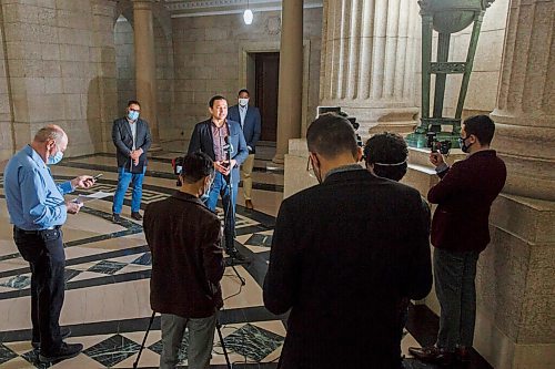 MIKE DEAL / WINNIPEG FREE PRESS
Opposition leader Wab Kinew talks to the media Monday afternoon.
See Larry Kusch story
210208 - Monday, February 08, 2021.