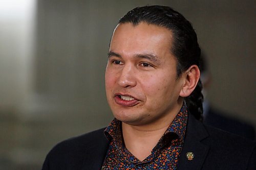 MIKE DEAL / WINNIPEG FREE PRESS
Opposition leader Wab Kinew talks to the media Monday afternoon.
See Larry Kusch story
210208 - Monday, February 08, 2021.