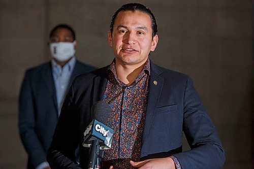 MIKE DEAL / WINNIPEG FREE PRESS
Opposition leader Wab Kinew talks to the media Monday afternoon.
See Larry Kusch story
210208 - Monday, February 08, 2021.