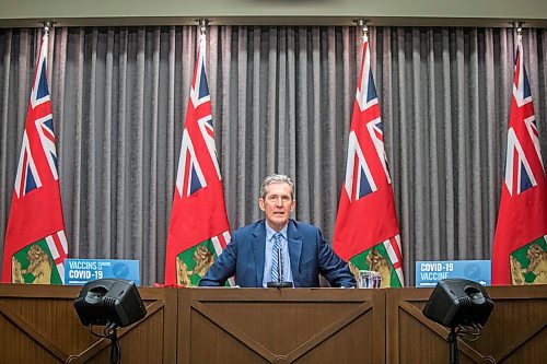 MIKAELA MACKENZIE / WINNIPEG FREE PRESS

Premier Brian Pallister makes a COVID-19 vaccine announcement at the Manitoba Legislative Building in Winnipeg on Thursday, Feb. 11, 2021. For Larry story.

Winnipeg Free Press 2021