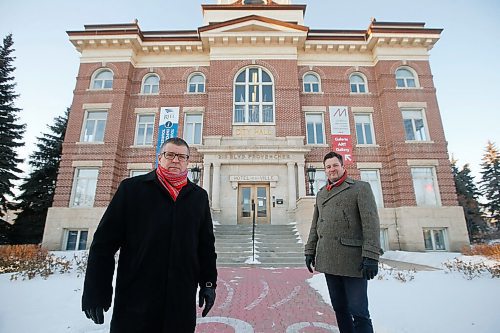 JOHN WOODS / WINNIPEG FREE PRESS
Alain Laurencelle, president of Les Amis de la Maison des Arts Visuels du Manitoba Inc., left, and Remi Gosselin, a board member, are photographed outside the centre at the old St Boniface City Hall building in Winnipeg Monday, February 15, 2021. The building along with fire hall #1 have been sold for $10000.

Reporter: Abas