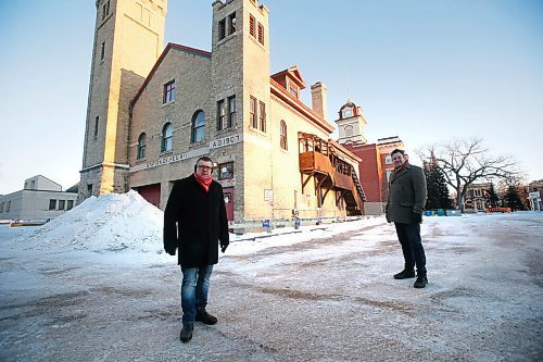 JOHN WOODS / WINNIPEG FREE PRESS
Alain Laurencelle, president of Les Amis de la Maison des Arts Visuels du Manitoba Inc., left, and Remi Gosselin, a board member, are photographed outside firehall #1 in Winnipeg Monday, February 15, 2021. The building along with the old St Boniface City Hall building  have been sold for $10000.

Reporter: Abas