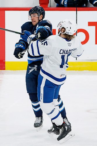 JOHN WOODS / WINNIPEG FREE PRESS
Manitoba Moose Ashton Sautner (6) and Toronto Marlies Rourke Chartier (15) collide during second period AHL action in Winnipeg on Sunday, February 16, 2021.

Reporter: McIntyre