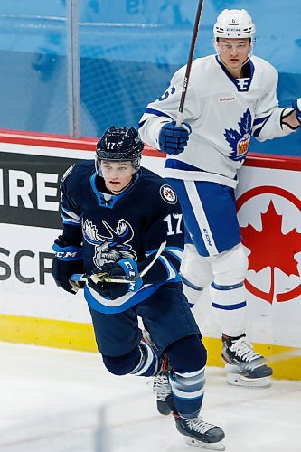 JOHN WOODS / WINNIPEG FREE PRESS
Manitoba Moose Cole Perfetti (17) looks for the puck against the Toronto Marlies during second period AHL action in Winnipeg on Sunday, February 16, 2021.

Reporter: McIntyre