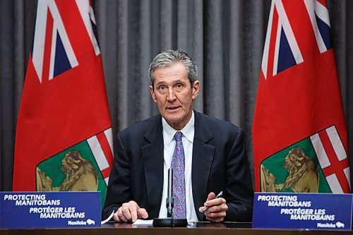 MIKE DEAL / WINNIPEG FREE PRESS
Premier Brian Pallister holds a COVID-19 update at the Manitoba Legislative building Wednesday, where among other things he said that Manitoba schools would not be available as polling stations if the federal government decided to hold a spring election. 
210217 - Wednesday, February 17, 2021.