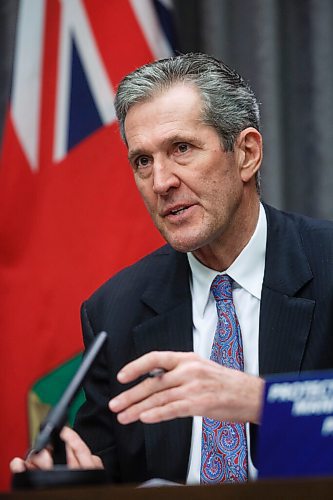 MIKE DEAL / WINNIPEG FREE PRESS
Premier Brian Pallister holds a COVID-19 update at the Manitoba Legislative building Wednesday, where among other things he said that Manitoba schools would not be available as polling stations if the federal government decided to hold a spring election. 
210217 - Wednesday, February 17, 2021.