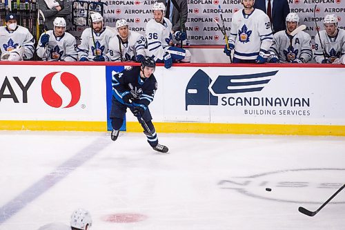 MIKE SUDOMA / WINNIPEG FREE PRESS 
Moose defence, Ville Heinola, moves in on the puck as the Manitoba Moose take on the Toronto Marlies at Bell MTS Place Friday night
FEBRUARY 19, 2021