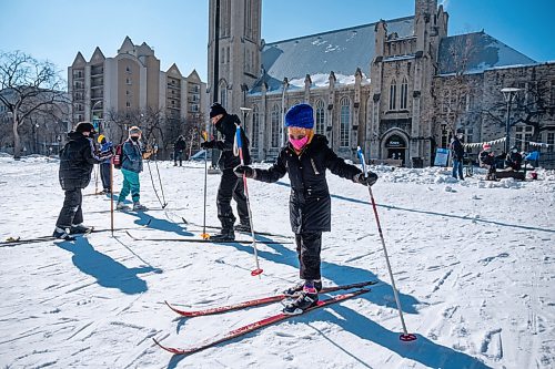 Daniel Crump / Winnipeg Free Press. Ayah Mohamed tries out cross country skiing for the first time. Cross country skiing is just one of the many activities available at Heart in the Park Saturday morning. February 20, 2021.