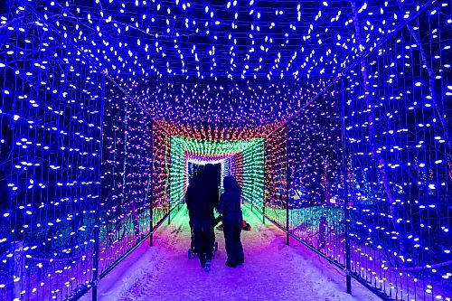 Daniel Crump / Winnipeg Free Press. Visitors to the Winnipeg Zoo enjoy displays made up of thousands of lights on opening night of the Zoo Lights festival. The festival will be open six days a week from February 20, 2021 - March 28, 2021. February 20, 2021.