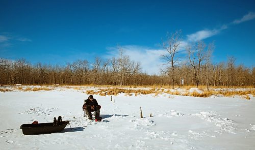 MIKE DEAL / WINNIPEG FREE PRESS
Kevin Hicks taking advantage of the really nice weather to go ice fishing for perch Monday morning on Lake Cargill at Fort WhyteAlive.
210222 - Monday, February 22, 2021.