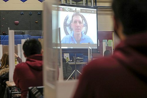 RUTH BONNEVILLE / WINNIPEG FREE PRESS 

LOCAL - space school

Christ the King School grade 7 students  watch Canadian Space Agency astronaut, Joshua Kutryk, via zoom in the school School gymnasium on Wednesday.

ASTRONAUT SCHOOL VISIT: Canadian Space Agency astronaut Joshua Kutryk  speaks to students from Christ the King School in Winnipeg about his job and how he became an astronaut  via Zoom. Sixth graders (now Grade 7 students) at the school won a Junior Astronauts campaign last year that won them a visit from an astronaut, but the event had to be reorganized because of COVID. 

See Maggie's story.

Feb 24, 2021
