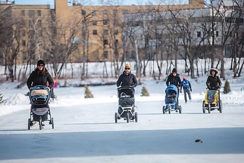 MIKAELA MACKENZIE / WINNIPEG FREE PRESS

Carina Romagnoli (left), Katherine White, Annmarie Sanders, and Genevieve Roy-Wsiaki skate with their babies in strollers on the Centennial River Trail on its last day open in Winnipeg on Monday, March 1, 2021. For --- story.

Winnipeg Free Press 2021