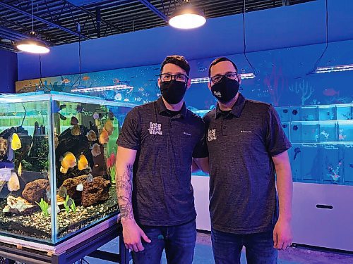 Canstar Community News (From left) Twin brothers Lyndon and Derrick Jameson are shown next to one of the freshwater aquariums inside their St. Vital business Into the Blue.