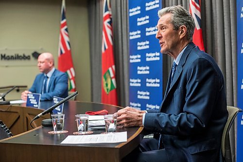 MIKAELA MACKENZIE / WINNIPEG FREE PRESS

Premier Brian Pallister (front) and chief public health officer Dr. Brent Roussin make an announcement about changes in public health orders at the Manitoba Legislative Building in Winnipeg on Tuesday, March 2, 2021. For Danielle story.

Winnipeg Free Press 2021