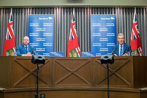 MIKAELA MACKENZIE / WINNIPEG FREE PRESS

Chief public health officer Dr. Brent Roussin (left) and premier Brian Pallister make an announcement about changes in public health orders at the Manitoba Legislative Building in Winnipeg on Tuesday, March 2, 2021. For Danielle story.

Winnipeg Free Press 2021