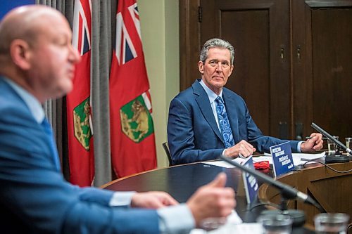 MIKAELA MACKENZIE / WINNIPEG FREE PRESS

Premier Brian Pallister (right) and chief public health officer Dr. Brent Roussin make an announcement about changes in public health orders at the Manitoba Legislative Building in Winnipeg on Tuesday, March 2, 2021. For Danielle story.

Winnipeg Free Press 2021