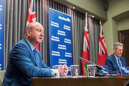 MIKAELA MACKENZIE / WINNIPEG FREE PRESS

Chief public health officer Dr. Brent Roussin (left) and premier Brian Pallister make an announcement about changes in public health orders at the Manitoba Legislative Building in Winnipeg on Tuesday, March 2, 2021. For Danielle story.

Winnipeg Free Press 2021