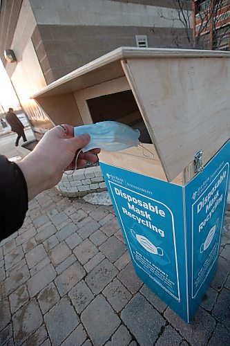JOHN WOODS / WINNIPEG FREE PRESS
Mask Recycling bins have been placed around the Red River College campus in Winnipeg Tuesday, March 2, 2021. 

Reporter: Abas