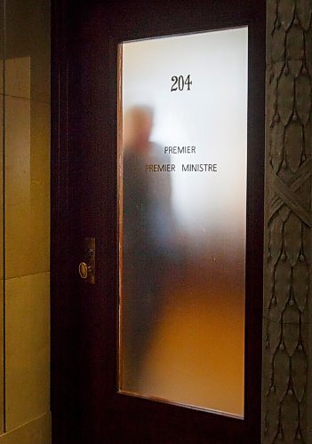 MIKE DEAL / WINNIPEG FREE PRESS
Premier Brian Pallister's silhouette appears on the other side of his office door as he begins to head towards the legislative assembly chambers as his government reconvened the third session of the 42nd legislature at the Manitoba Legislative building Wednesday. 
210303 - Wednesday, March 03, 2021.