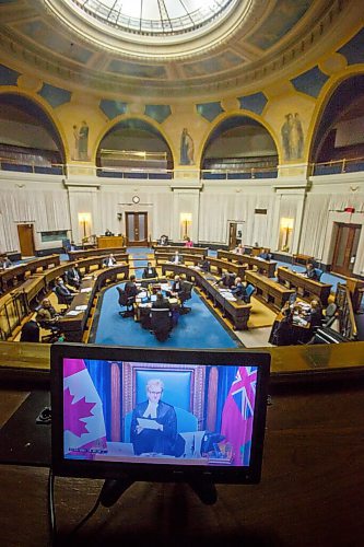 MIKE DEAL / WINNIPEG FREE PRESS
Speaker of the Legislative Assembly of Manitoba, Myrna Driedger, addresses the chamber, viewed from a monitor in the press gallery, as the Manitoba government reconvenes the third session of the 42nd legislature at the Manitoba Legislative building Wednesday. 
210303 - Wednesday, March 03, 2021.