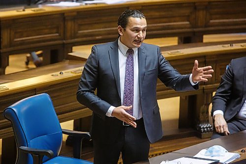 MIKE DEAL / WINNIPEG FREE PRESS
NDP's Wab Kinew, Leader of the Opposition during question period on the first day of the third session of the 42nd legislature at the Manitoba Legislative building Wednesday. 
210303 - Wednesday, March 03, 2021.