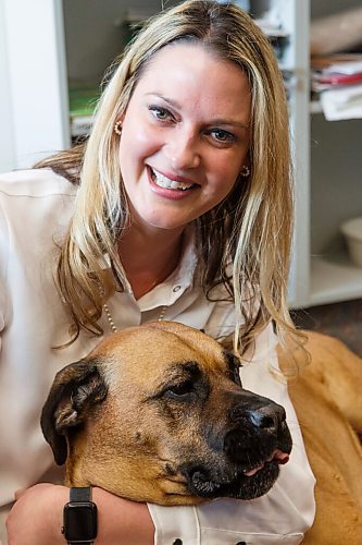 MIKE DEAL / WINNIPEG FREE PRESS
Jessica Miller, CEO of Winnipeg Humane Society with her dog, Abigail, in her office at 45 Hurst Way.
See Doug Speirs story
210304 - Thursday, March 04, 2021.