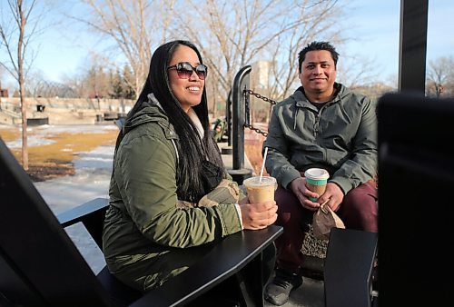RUTH BONNEVILLE / WINNIPEG FREE PRESS 

Local - Weather Standup 

Jen Zaballero enjoys a cold latte with her friend Hugo Hernandez while enjoying the warm weather on deck chairs at the Forks Monday.


March 08, 2021
