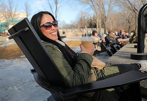 RUTH BONNEVILLE / WINNIPEG FREE PRESS 

Local - Weather Standup 

Jen Zaballero enjoys a cold latte with her friend Hugo Hernandez while enjoying the warm weather on deck chairs at the Forks Monday.


March 08, 2021
