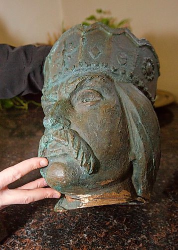 MIKE DEAL / WINNIPEG FREE PRESS
Father Ihor Shved, Ukrainian Catholic Metropolitan Cathedral of Sts. Vladimir and Olga (115 McGregor Street) looks at the head of the statue of St. Volodymyr that was the subject of vandals in 2019. It might get a new life because of a new GoFundMe campaign. 
The statue of St. Volodymyr was made by the Winnipeg artist Leo Mol (1915-2009), and was blessed by Pope John Paul II in 1984.
See Malak Abas story
210309 - Tuesday, March 09, 2021.