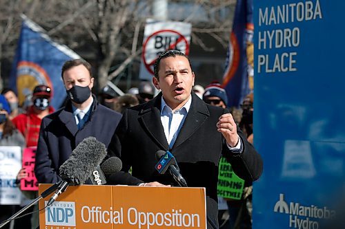 JOHN WOODS / WINNIPEG FREE PRESS
Wab Kinew, leader of the Manitoba NDP, leads a press conference and rally with supporters and striking Manitoba Hydro workers outside the Manitoba Hydro headquarters in Winnipeg Sunday, March 14, 2021. The rally was in opposition to the governments proposed Bill 35 which Kinew says will lead to the weakening of the Public Utility Board and the possible privatization of Manitoba Hydro.

Reporter: Thorpe