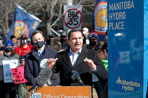 JOHN WOODS / WINNIPEG FREE PRESS
Wab Kinew, leader of the Manitoba NDP, leads a press conference and rally with supporters and striking Manitoba Hydro workers outside the Manitoba Hydro headquarters in Winnipeg Sunday, March 14, 2021. The rally was in opposition to the governments proposed Bill 35 which Kinew says will lead to the weakening of the Public Utility Board and the possible privatization of Manitoba Hydro.

Reporter: Thorpe